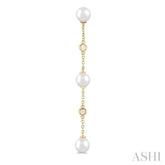 5 MM Round Shape Cultured Pearls and 1/10 ctw Round Cut Diamond Station Long Earring in 14K Yellow Gold
